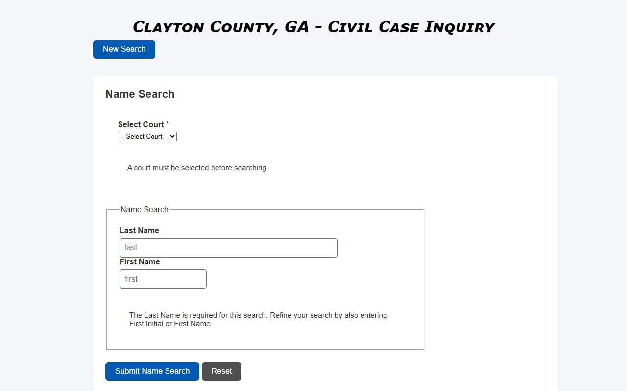 Clayton County civil name search form