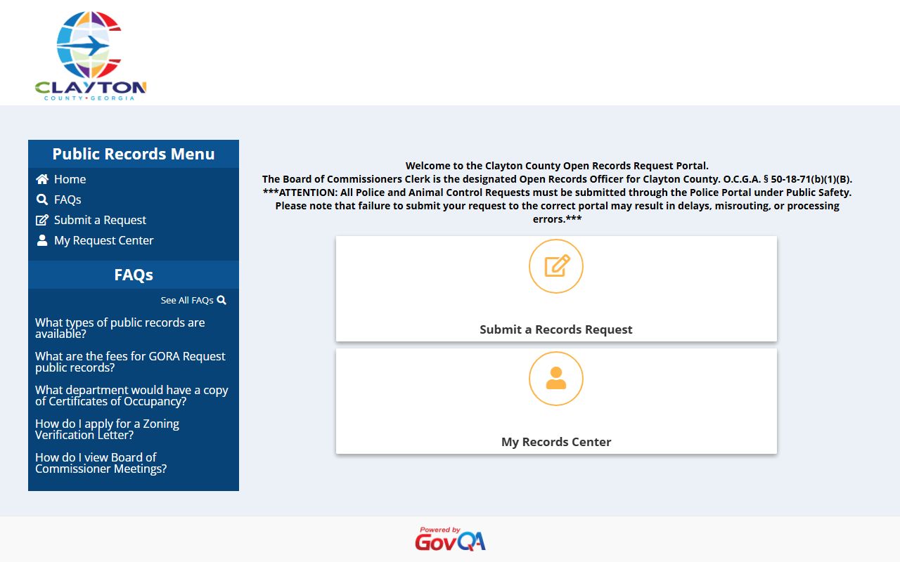 Clayton County GovQA open records request portal