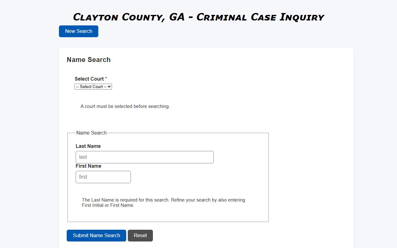 Clayton County criminal name search form for warrant lookup