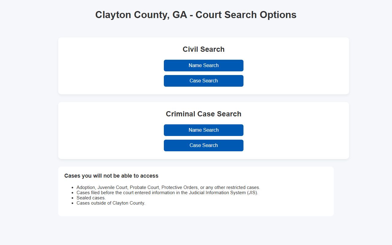 Clayton County Court Case Inquiry search options page