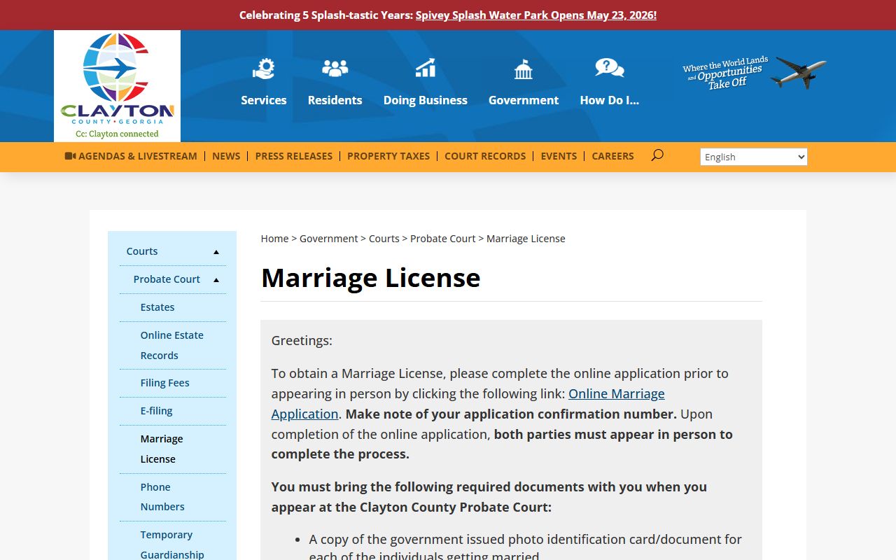 Clayton County Probate Court marriage license page